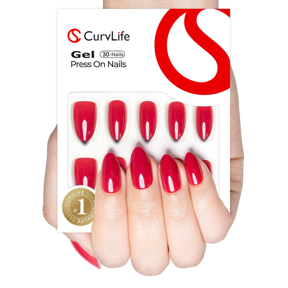 CurvLife close-up of glossy gel finish on almond tip showcasing chip-resistant shine