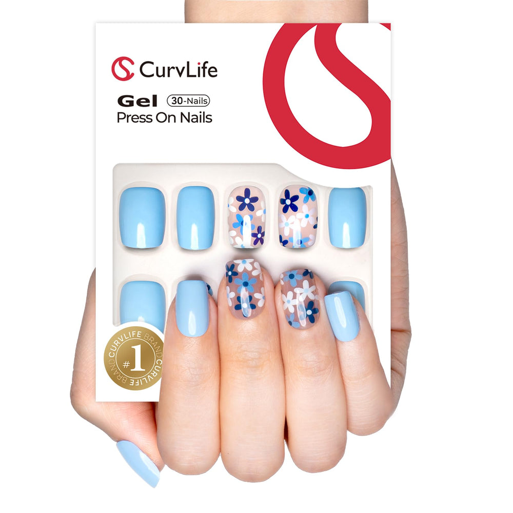 CurvLife front packaging showing blue flower nails and kit benefits