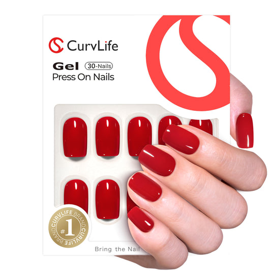 CurvLife front packaging showing clear red oval nails and kit benefit