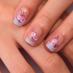CurvLife close-up of nail surface and purple floral detail highlighting smooth gel finish and realism