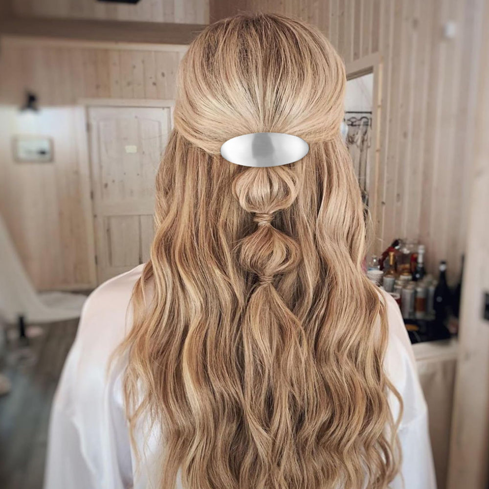 CustomyLife barrette worn in long thick hair demonstrating strong hold and elegant look