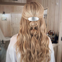 CustomyLife barrette worn in long thick hair demonstrating strong hold and elegant look