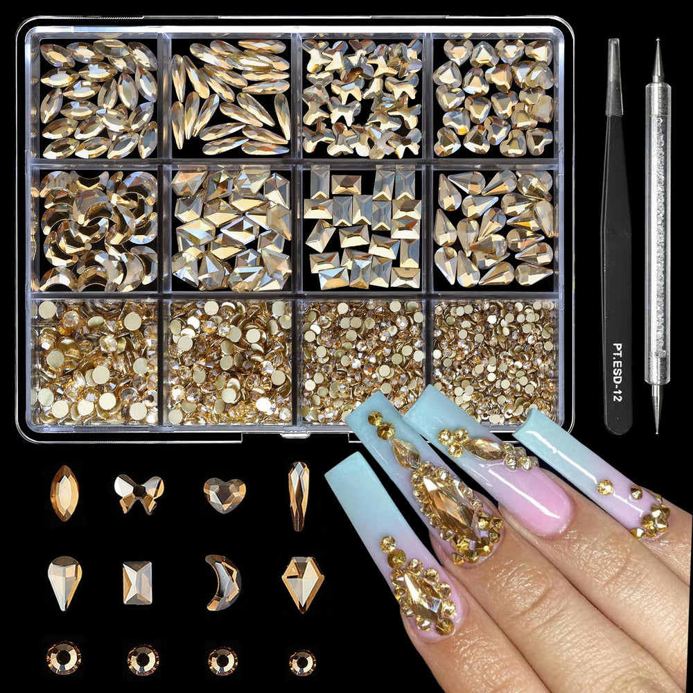 Cycullinyt front packaging showing full 1660 piece champagne rhinestone kit and tools