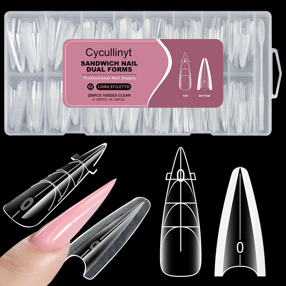 Cycullinyt front packaging showing 256-piece stiletto dual-form kit, organized and complete