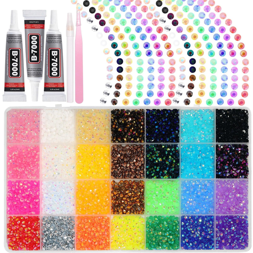 Cynailli front box grid showing organized colorful rhinestones and included tools