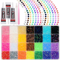 Cynailli front box grid showing organized colorful rhinestones and included tools