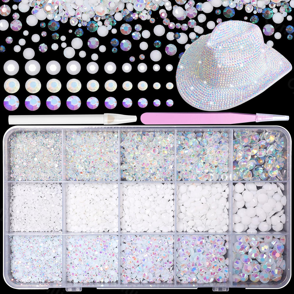 Cynailli front packaging showing 15000 white rhinestones and included tools, clear organization benefit