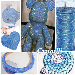 Cynailli blue rhinestones applied to a tumbler illustrating decorative sparkle and durability