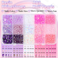 Cynailli close-up of grid contents highlighting mixed pink purple white gems