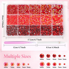 Cynailli close-up of red resin rhinestone facets showing glittering depth and vibrant shine
