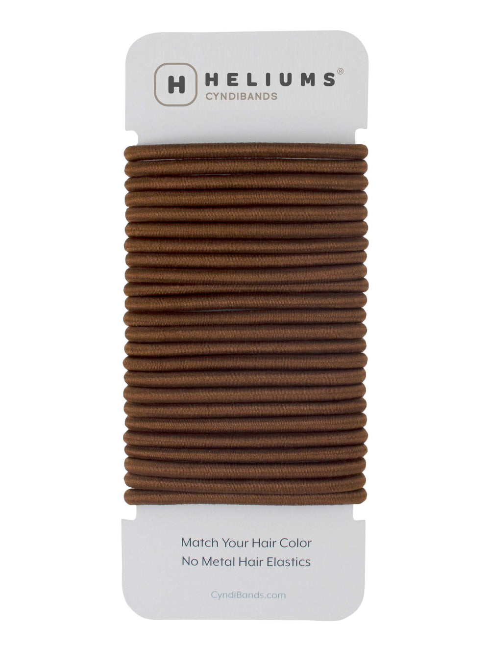 Cyndibands front pack showing 24 brown elastic hair ties and tidy packaging benefit