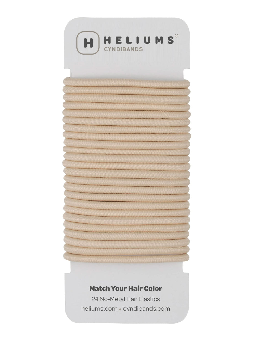 Cyndibands pack front view showing beige-blonde neutral hair ties and benefits