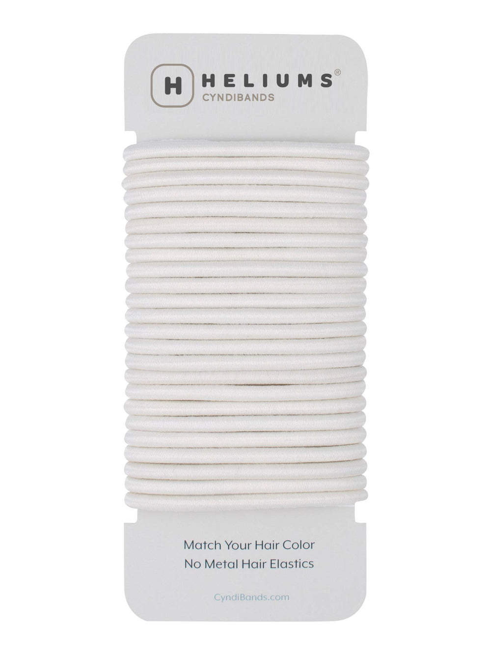 Cyndibands front pack showing 24 white elastics and clear branding for organized storage
