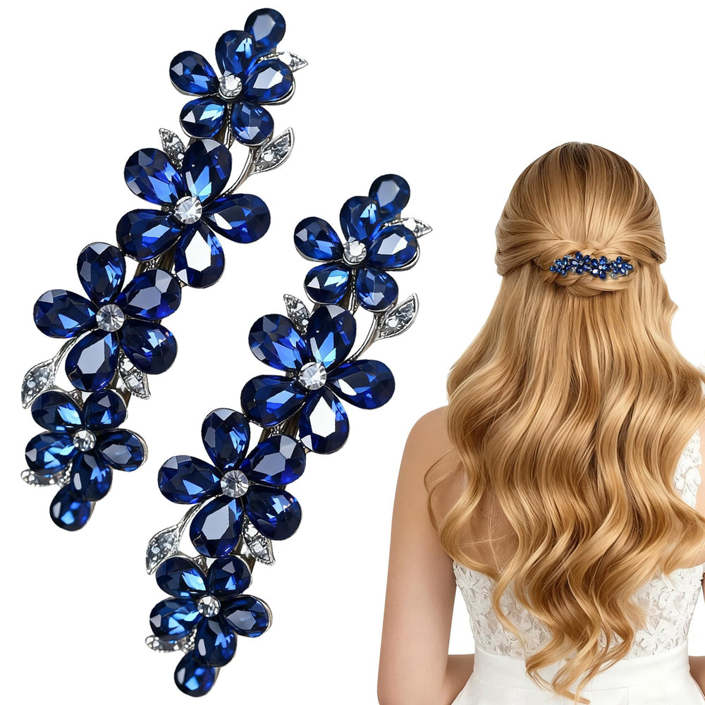 CYUXING front view navy blue barrettes showing decorative crystal finish and elegance