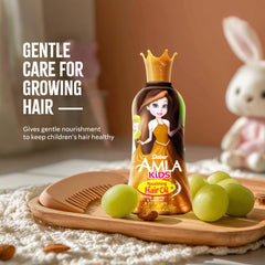 Dabur Amla kids pouring oil closeup demonstrating smooth, light consistency benefit