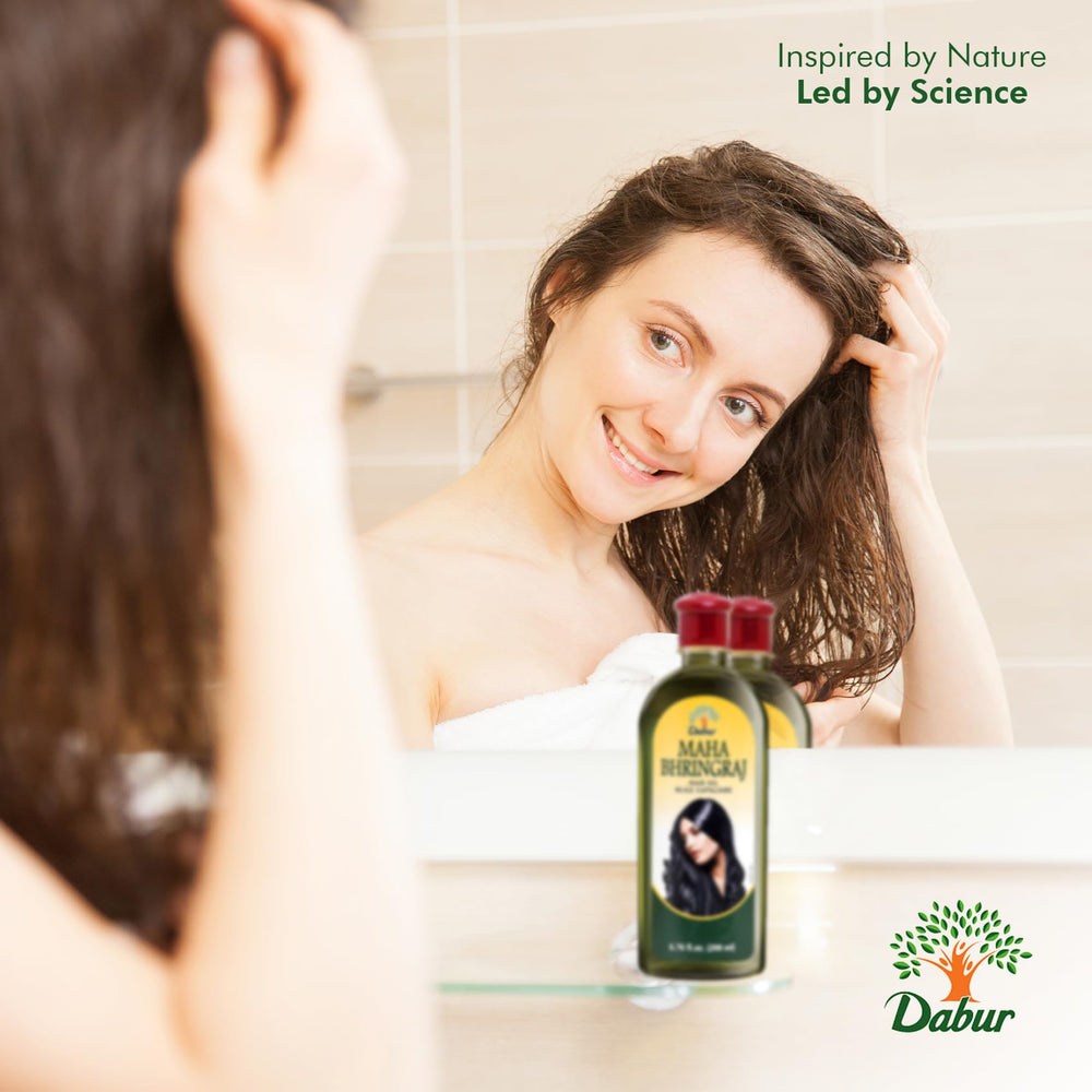 bathroom shelf with Dabur Maha Bhringraj oil showing everyday routine integration