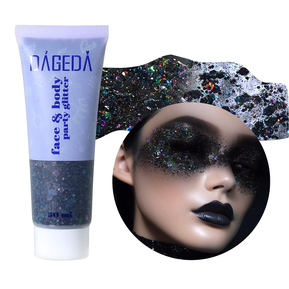 DAGEDA black glitter gel jar front shows holographic shine and clear labeling