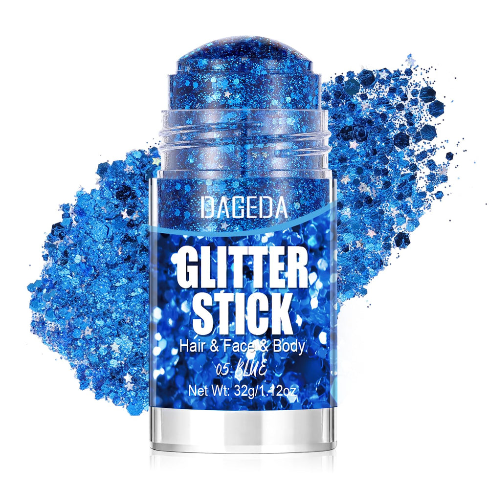 DAGEDA front packaging of blue glitter stick showing label and compact design benefit portability