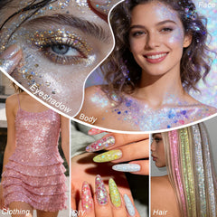 DAGEDA blue glitter applied to model cheek highlighting glow and stage-ready radiance benefit impact