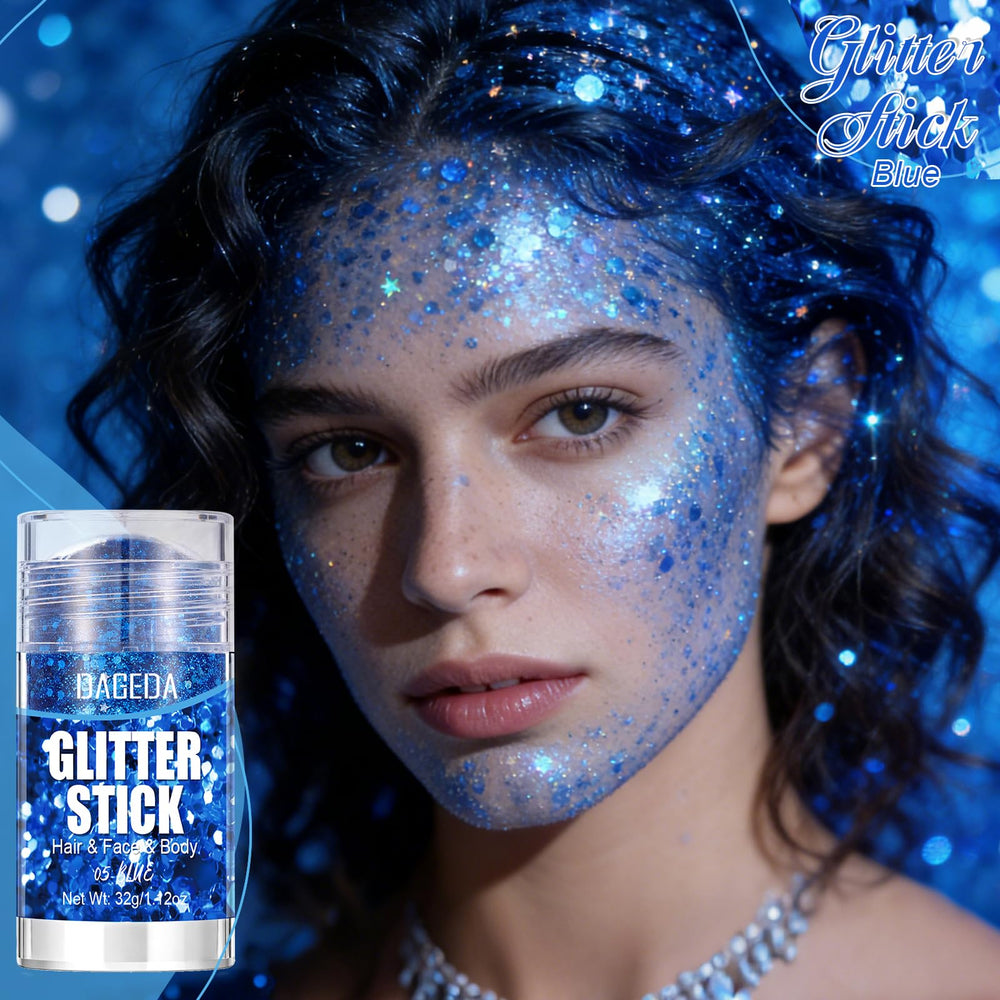 DAGEDA open twist-up blue glitter stick revealing product tip for easy application benefit control