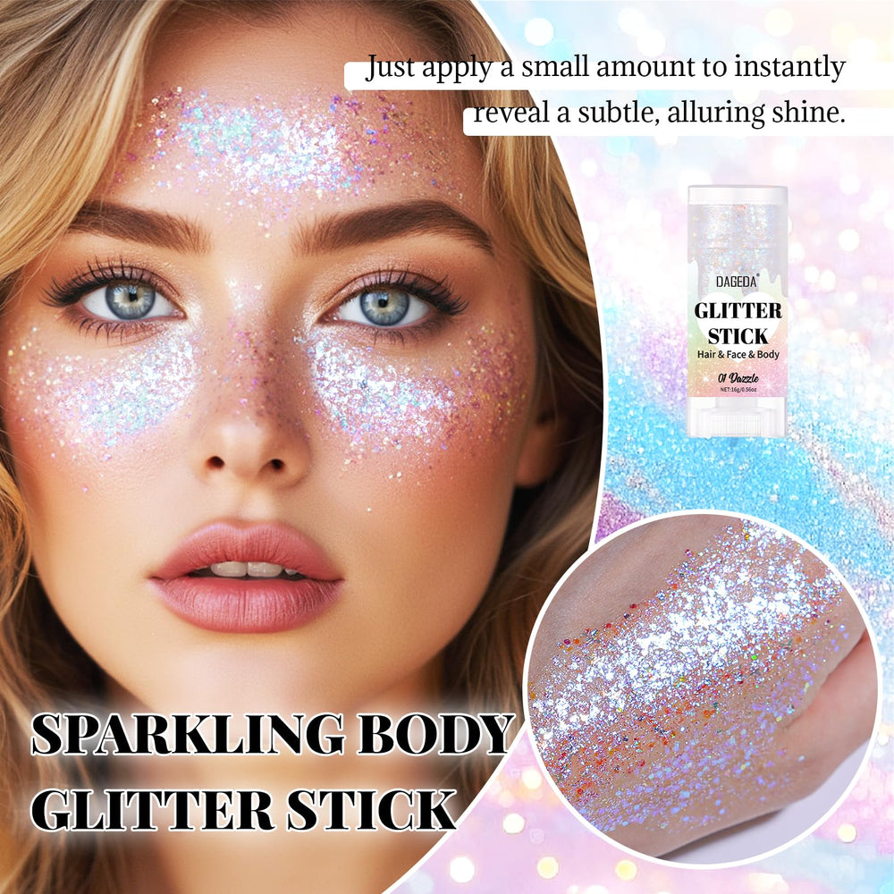 DAGEDA close-up chunky glitter texture revealing holographic particles and star flakes