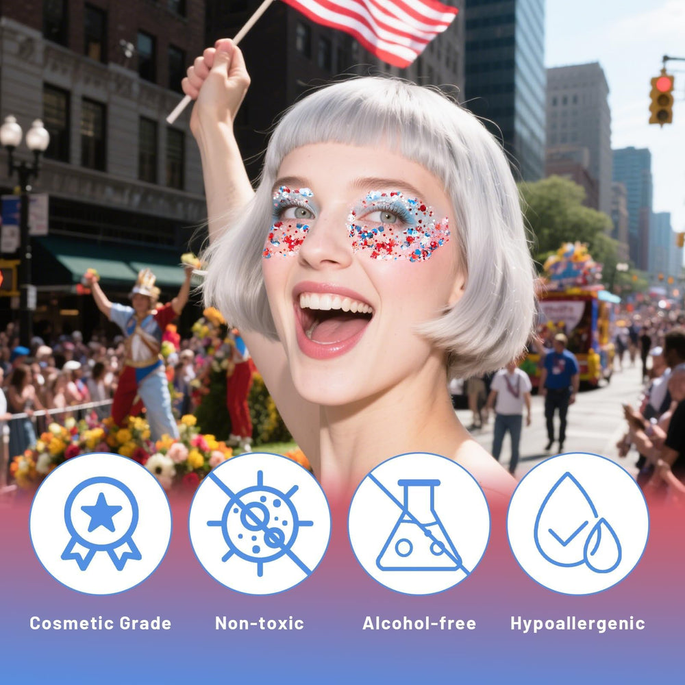DAGEDA face application closeup demonstrating bold patriotic makeup