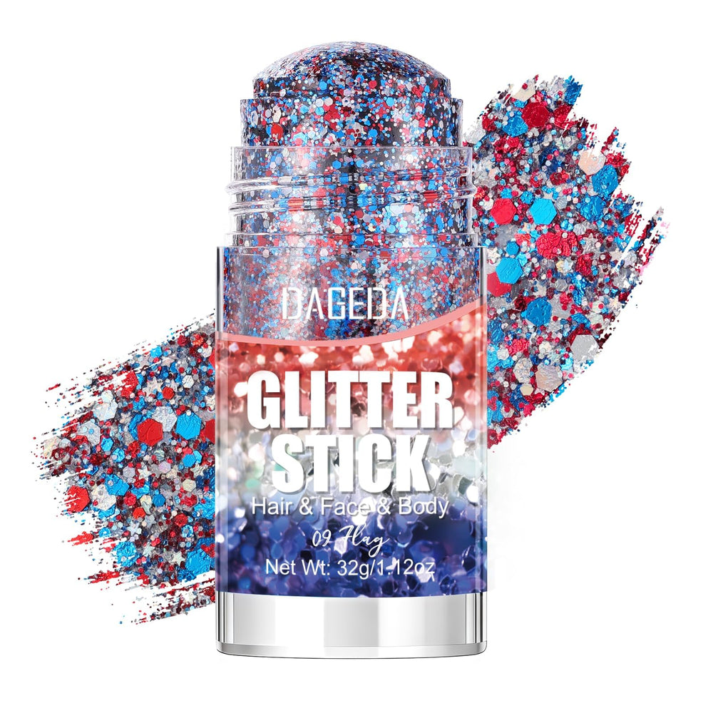 DAGEDA front packaging showing patriotic glitter stick and shade names