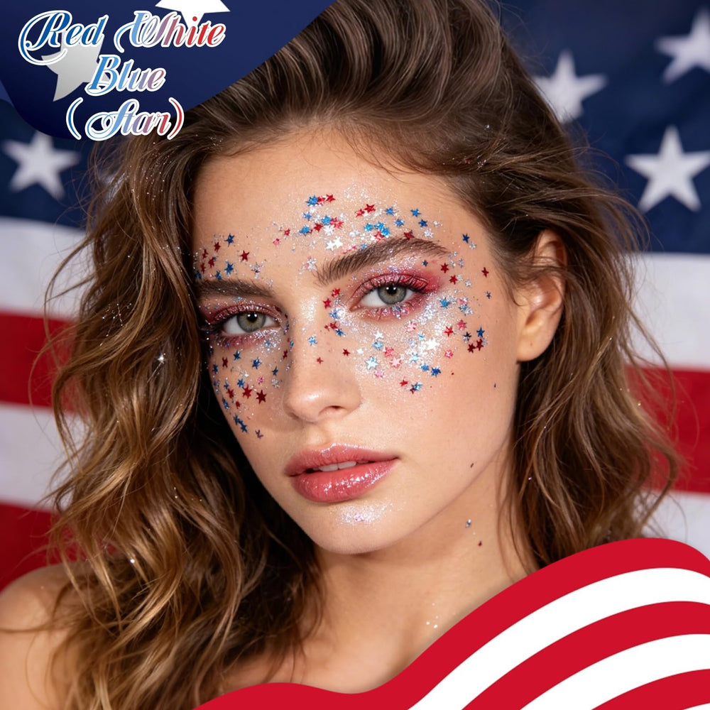 DAGEDA close-up of red white blue star-shaped glitter texture for vibrant shine