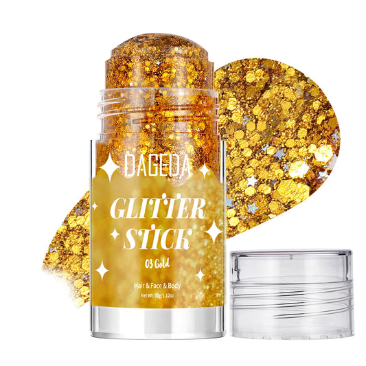 DAGEDA gold glitter stick front view showing packaging and compact size benefit