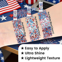 DAGEDA glitter streak in hair adding bold red white blue accents and eye-catching detail
