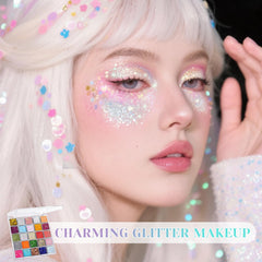 DAGEDA open palette top view displaying 25 glitter gel colors and varied sequin shapes for creative looks