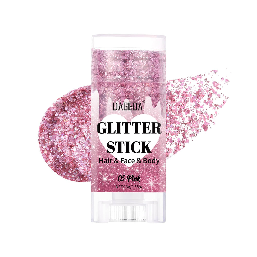 DAGEDA pink glitter stick front view showing compact applicator and color benefit