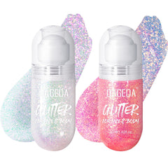DAGEDA roll-on front view showing dual glitter gel bottles and labels for quick identification and travel convenience.