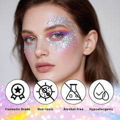 DAGEDA chunky glitter texture close-up showing holographic particles and high-reflective effect benefit