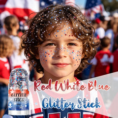 DAGEDA stick applied to cheek for quick patriotic face sparkle and convenience