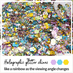 DAGEDA texture close-up displaying holographic chunky flakes for intense sparkle