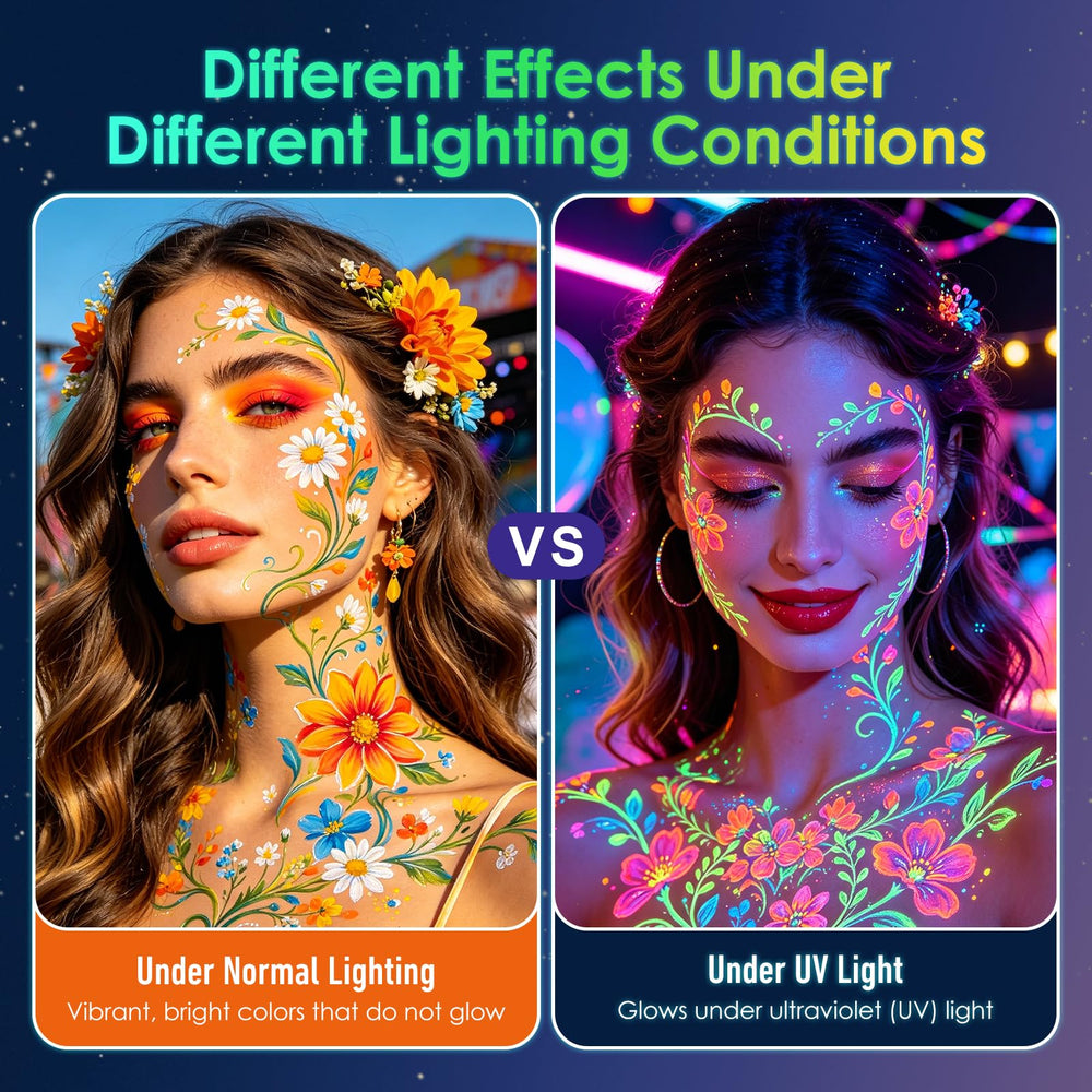DAGEDA UV glow demo of painted designs glowing under blacklight to enhance party looks