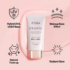 d'alba Piedmont label close-up showing OTC SPF 50+ registration and ingredient clarity benefit