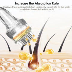 DAPENG applicator in use on scalp delivering serum while massaging for targeted application benefit