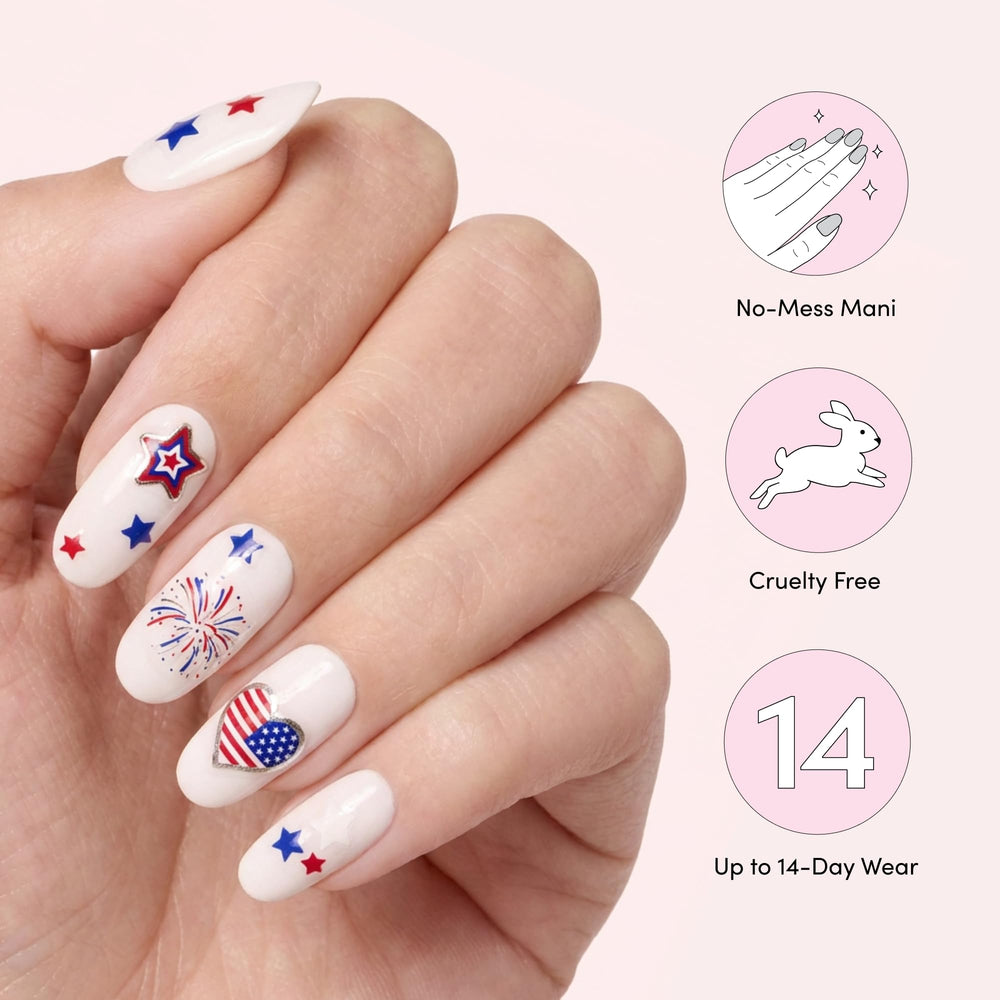 Dashing Diva stickers applied on nails in use showing quick festive manicures that look salon-made