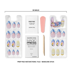 Dashing Diva hand applying a medium almond press-on nail for quick at-home manicure