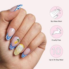 Dashing Diva lifestyle shot of summer outfit and manicured hands highlighting coastal design