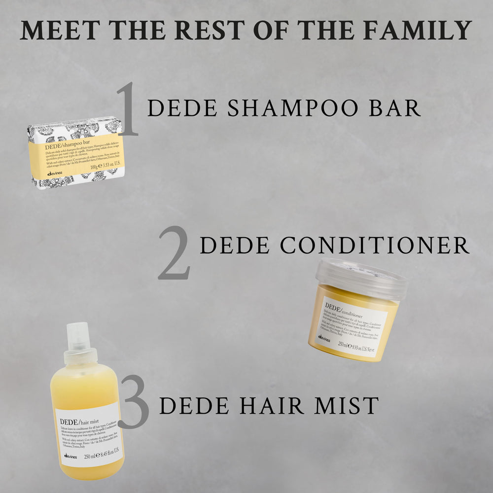 Davines DEDE beside a ruler showing 8.45 fl oz scale for accurate size comparison