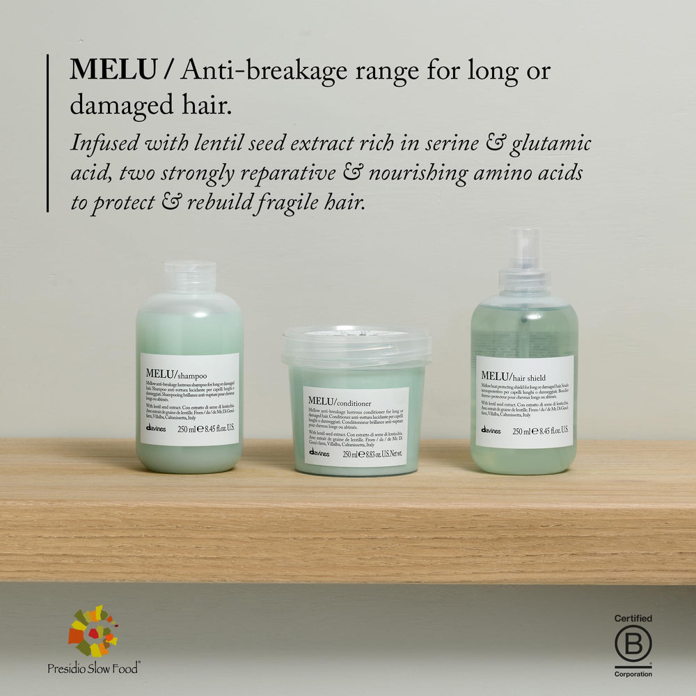 Davines MELU conditioner on hair lengths and ends showing softer finish