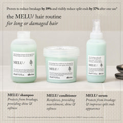 Davines MELU serum held in hand for size scale showing travel-friendly bottle