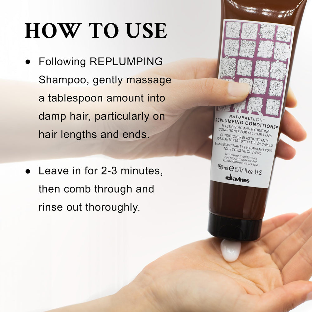Davines replumping conditioner bottle held in hand shows actual scale