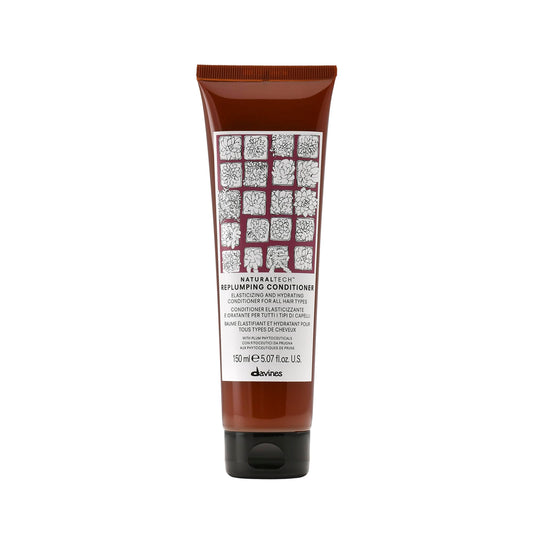 Davines replumping conditioner front packaging shows product and benefits