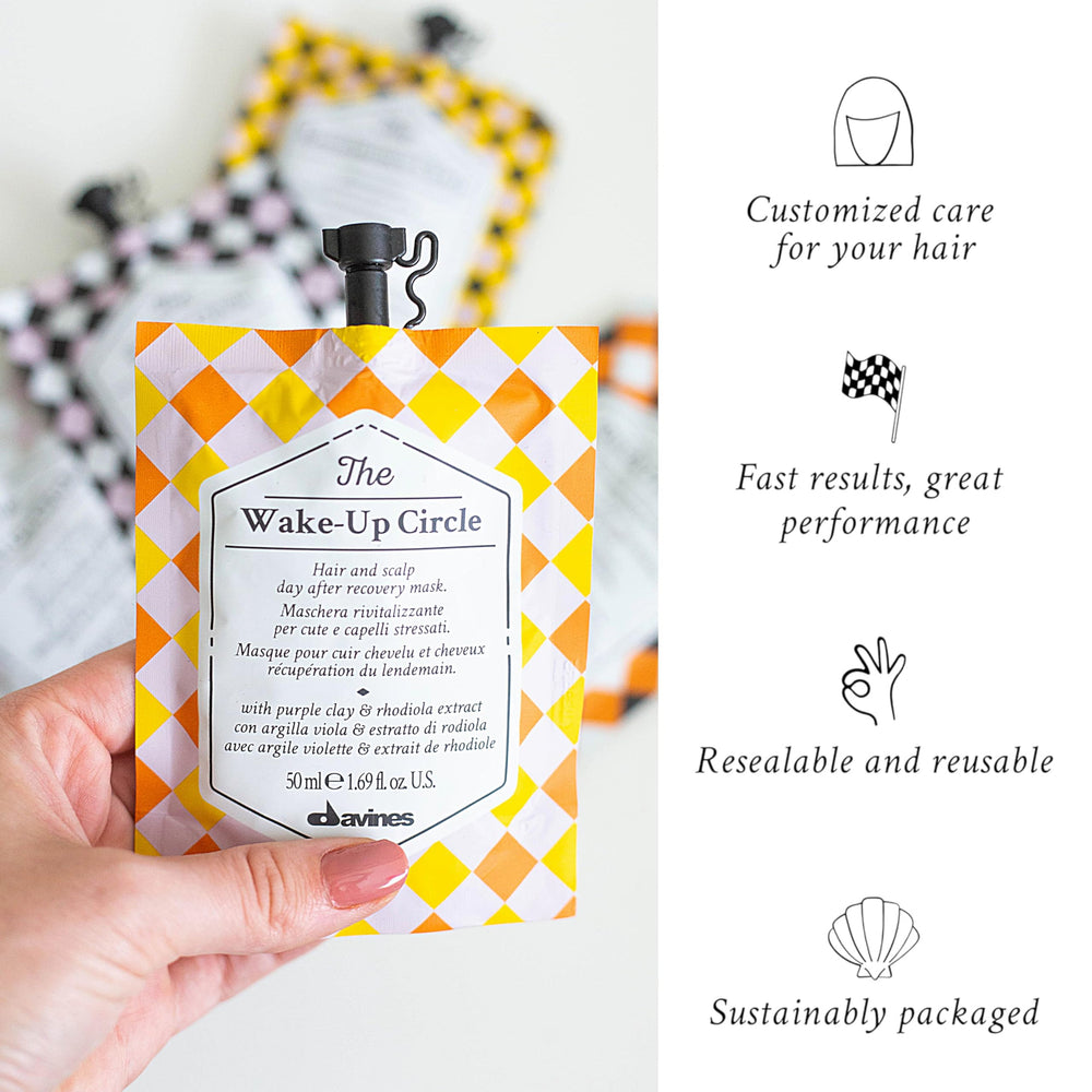 Davines Wake-Up Circle being applied to towel-dried hair for quick ten-minute treatment