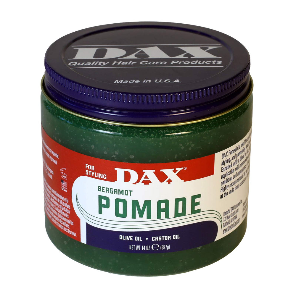 DAX pomade bergamot jar front view showing label and large 14 oz size benefit