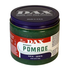 DAX pomade bergamot jar front view showing label and large 14 oz size benefit